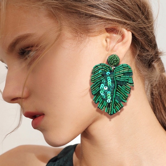 Jewelry - New Big Green Palm Leaf Beaded Handmade Earrings